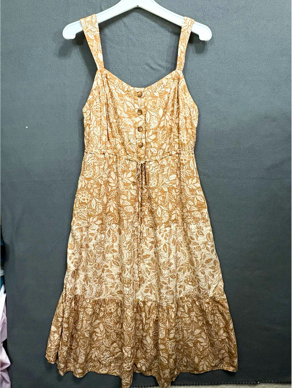 Lucky Brand Women’s Petites PXL Brown White Floral Smocked Midi Sundress